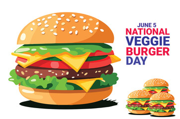 one big burger with three small burger and bold text isolated on white background. to commemorate national veggie burger day on june 5. vector eps
