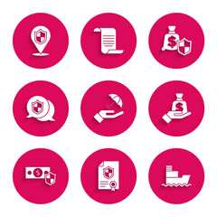 Set Umbrella in hand, Contract with shield, Ship, Money, Location, and icon. Vector