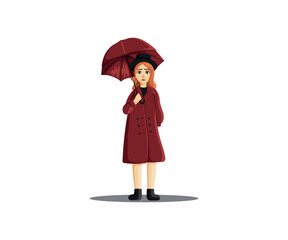 A young girl stands with an umbrella. Flat illustration