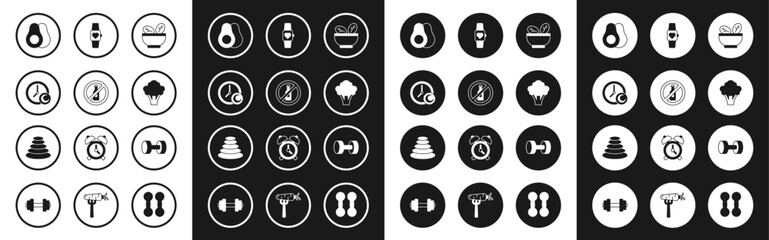 Fototapeta premium Set Salad in bowl, No alcohol, Time to sleep, Avocado fruit, Broccoli, Smart watch, Dumbbell and Stack hot stones icon. Vector