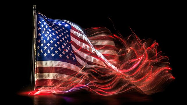 The theme of patriotism and innovative use of light painting techniques to create a vibrant and dynamic image of the waving american flag. Generative ai