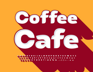 Vector trendy banner Coffee Cafe. White Font with Brown Shadow. Creative set of Alphabet Letters, Numbers and Symbols