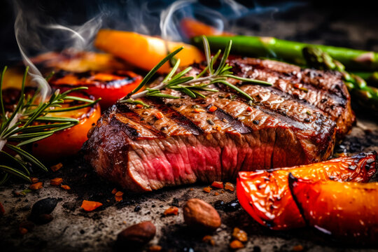 fried steak on the grill lies on a stone board with vegetables. Gourmet food. Generative AI