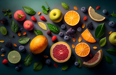 Fresh fruits, vegetables and berries. On a black background 