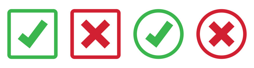 Set green approval check mark and red cross icons in circle and square, checklist signs, flat checkmark approval badge, isolated tick symbols