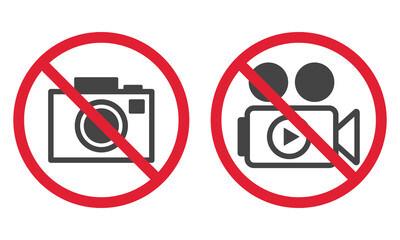 No photos, no videos poster. Forbidden pictogram. Red stop circle symbol. No allowed sign. Prohibited zone. Vector illustration isolated on white background