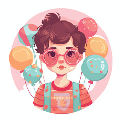 Portrait of a girl in  glasses with  air balloons, flat vector illustration