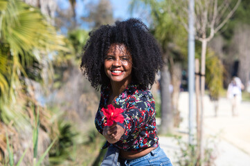 Young, beautiful black woman with afro hair holds a red flower in her hands. The beautiful woman is happy and smiling.