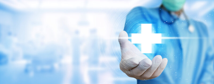 Healthcare and Medical Background. A Doctor, Surgeon, Holds Medical Cross Symbol Icon, Featuring Health Care, and Insurance Concepts.