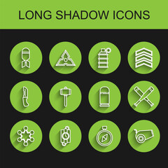 Set line Police badge, dynamite stick and timer clock, Aviation bomb, Compass, Cannon, Battle hammer, Crossed baseball bat and Cartridges icon. Vector