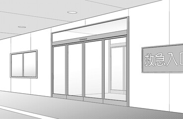 漫画風ペン画イラスト　病院_室内