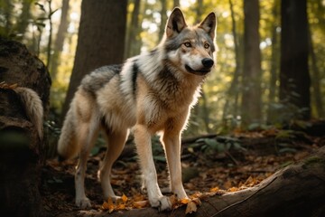 Naklejka na ściany i meble Adorable wolf in the forest. Generative AI
