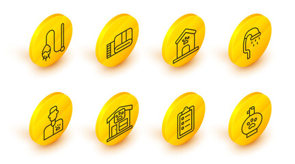 Set line Pet shampoo, Grooming salon price list, grooming, Veterinarian doctor, shower, Dog house and paw print, Towel stack and cat toy icon. Vector