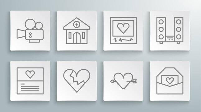 Set line Greeting card, Church building, Broken heart or divorce, Amour with and arrow, Envelope Valentine, Photo frames hearts, Home stereo two speakers and Cinema camera icon. Vector