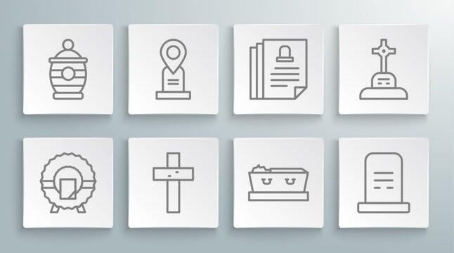 Set line Memorial wreath, Location grave, Christian cross, Coffin with dead, Grave tombstone, Death certificate, and Funeral urn icon. Vector