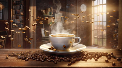 Coffee cup and coffee beans on wooden background Generative AI