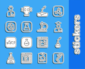 Set line Test tube and flask, Laboratory assistant, Petri dish with pipette, Salt stone, and Microscope icon. Vector