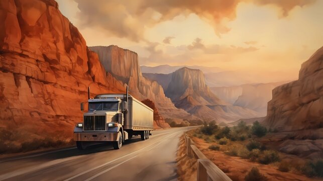 Truck on the road, with mountains and forest in the background. Generative AI