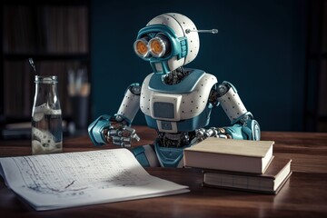 A robot man with artificial intelligence reads books and writes in a notebook,generative AI.