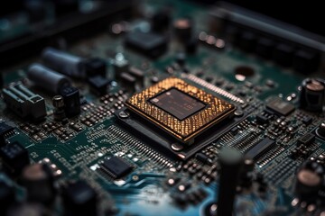 Fototapeta na wymiar Microcircuit and motherboard close-up on a black background, generative AI.