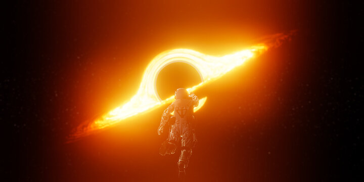 Cosmonaut flying towards black hole at outer space. 3d render