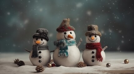 Obraz premium Snowman cute christmas. Christmas and New Year background. Festive seasonal Christmas bright background. Holiday poster and banner, greeting card. generative ai