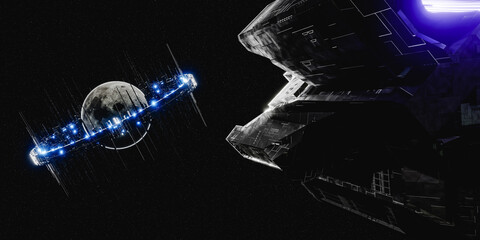 3D render of large spacecraft flying to futuristic satellite ring around gray moon in space © DMegias