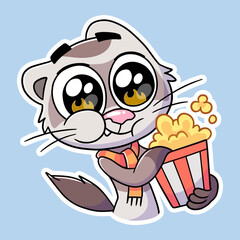 Cute cat sticker is watching a show holding popcorn being eaten wearing a scarf