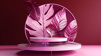 Podium Stage Shelf with pink and violet and tropic backgrounds. Generative AI