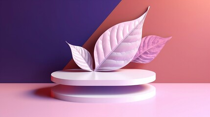 Podium Stage Shelf with pink and violet and tropic backgrounds. Generative AI