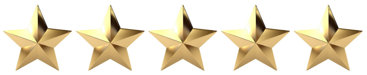 Five golden stars for product rating reviews for websites and mobile applications, cut out. Based on Generative AI - obrazy, fototapety, plakaty