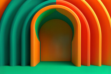 Fototapeta premium Abstract background with green-orange arches. Universal modern minimalist background.