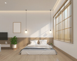 Modern japan style bedroom decorated with built-in bed and hanging lamp, minimalist living area and wood slat wall. 3d rendering
