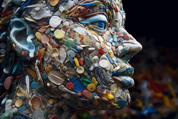 Abstract portrait of a woman made from trash. Ecosystem pollution.