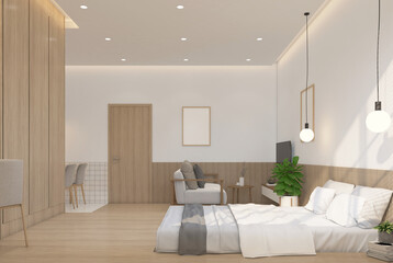 Modern Japanese style bedroom with built-in bed and wooden wardrobe. Minimalist style living area and wooden slatted wall. 3D rendering