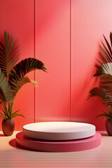 Obraz premium Round podium with leaves and shadows of tropical plants. Universal tropical background. Summer. Palms. Floral background.