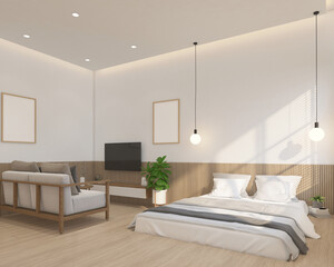 Modern japan style bedroom decorated with built-in bed and hanging lamp, minimalist living area and wood slat wall. 3d rendering