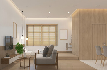 Modern japan style tiny room decorated with tv cabinet and living area, built-in bed and wood wardrobe, white wall and wooden slatted wall. 3d rendering