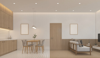 Naklejka na ściany i meble Modern japan style tiny room decorated with kitchen cabinet and dining set, minimalist sofa set, white wall and wooden slatted wall. 3d rendering
