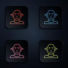 Color neon line Deafness icon isolated on black background. Deaf symbol. Hearing impairment. Set icons in square buttons. Vector