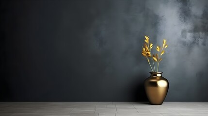 A beautiful black empty textured wall and a golden vase on a smooth floor. Interior background for presentation. generative AI