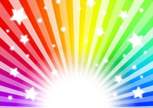 虹色の放射が広がり星が散りばめられた背景イメージ素材。A background image material in which rainbow-colored radiation spreads and stars are scattered.