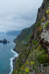 Volcanic rocks formations, Atlantic ocean cost at Ribeira de Janela, near Porto Moniz on Madeira island, Portugal