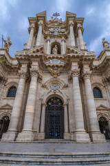Front view of cathedral on Ortygia island, Syracuse city, Sicily Island, Italy