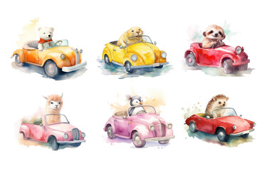 Obraz na płótnie Canvas Set of cute watercolor animals on cars. White bear, sloth, seal, llama, penguin, hedgehog on a white background. Red, pink, orange, yellow convertibles. AI generated.