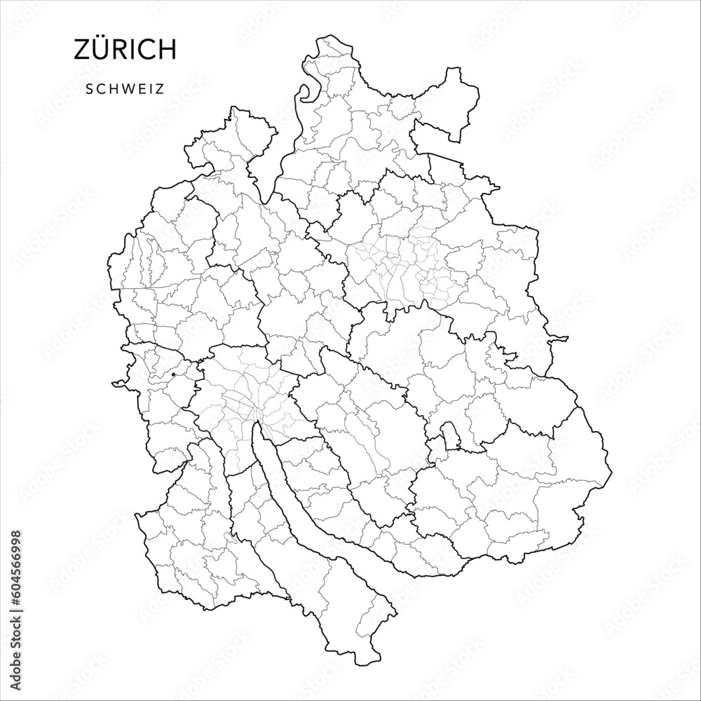 Canvas Prints Vector Map of the Canton of Zürich with the Borders of Districts (Bezirke), Municipalities (Gemeinde), Urban Districts (Kreise) and Quarters of Zurich and Winterthur as of 2023 - Switzerland (Schweiz)