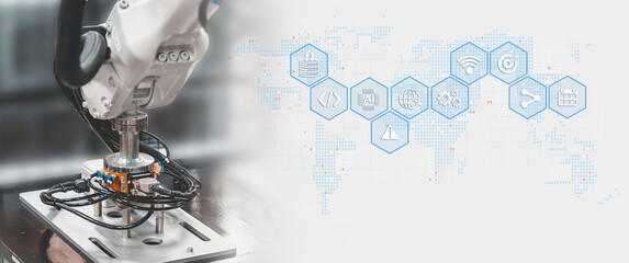 Robot arm cnc machine automation handling system for industrial manufacturing and factory production and digital transformation technology AI learning data analysis processing and management.