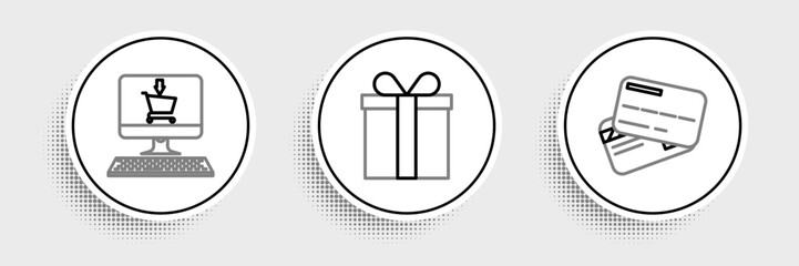 Set line Credit card, Shopping cart on screen computer and Gift box icon. Vector