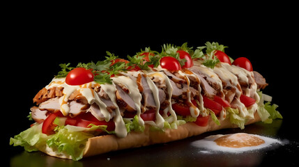 an artistic image of a delicious shawarma filled with savory ingredients such as juicy tomatoes, crisp onions, fresh lettuce, and creamy mayonnaise. The shawarma should be depicted in a visually appea