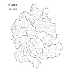 Vector Map of the Canton of Zürich with the Borders of Districts (Bezirke), Municipalities (Gemeinde), Urban Districts (Kreise) and Quarters of Zurich and Winterthur as of 2023 - Switzerland (Schweiz)